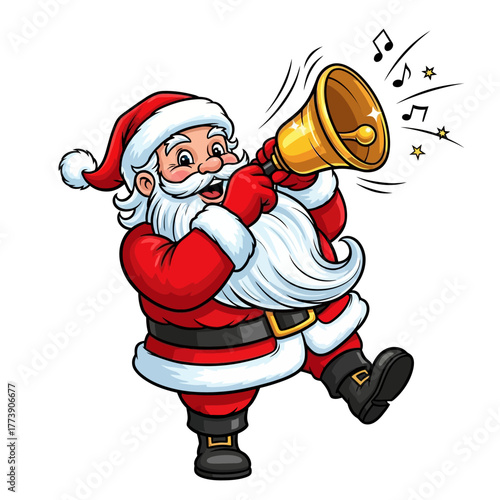A cartoon santa claus ringing a golden bell with music notes and stars around it on a white background