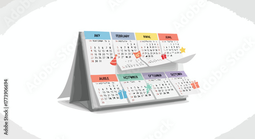 A colorful desktop calendar displays months with dates and important events marked, symbolizing planning, time management, appointments, and the passage of a year in a modern, illustrative style.