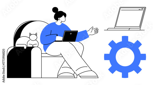 Woman using a tablet on a sofa near a cat, laptop, and gear icon. Ideal for themes thumbs up work-from-home lifestyle, technology, productivity, remote work, efficiency, multitasking simple flat