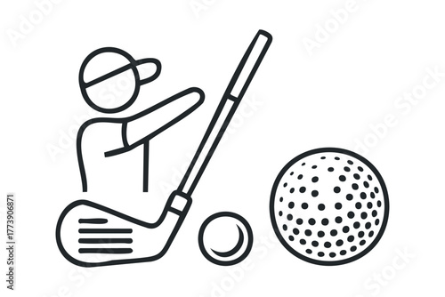 Golfer with club and balls line graphic