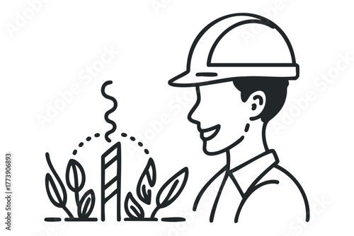 Worker with hard hat examines growing plants and factory output