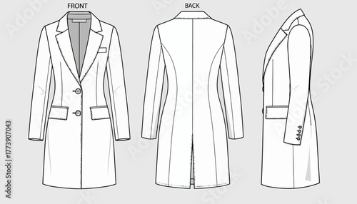 Women's Tailored Long Coat Fashion Flat Technical Sketch Illustration