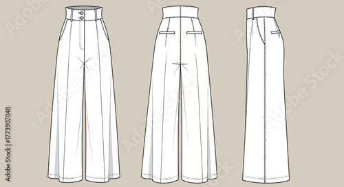 Technical flat fashion sketch of high-waisted wide-leg trousers vector illustration