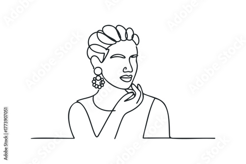 Line drawing of a woman with an earring touching her chin