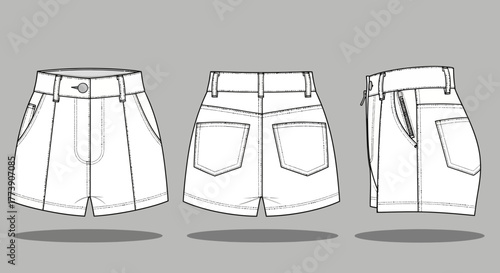 High waist denim shorts fashion flat technical sketch. Front, back, and side view vector template for clothing design