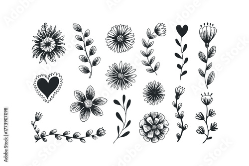 Hand-drawn floral and heart elements collection