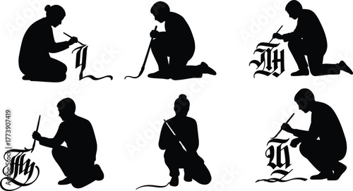 "Silhouette of calligraphy artist writing with pen, creative lettering art, ink drawing, handwriting design, artistic typography, fine art craft"