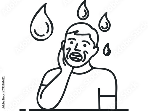 Man sweating profusely with hand on cheek looking distressed