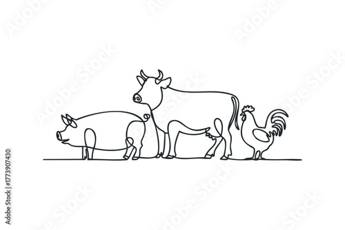 Farm Animals Standing Together Simple Line Drawing