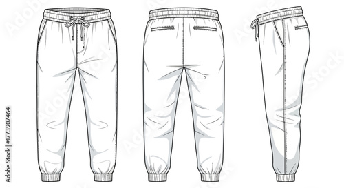 Fashion Technical Drawing of Jogger Sweatpants Template Vector Illustration
