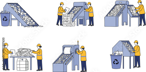 "Recycling plant workers sorting waste materials, paper recycling process, eco-friendly industry, waste management, environmental sustainability, garbage sorting illustration"