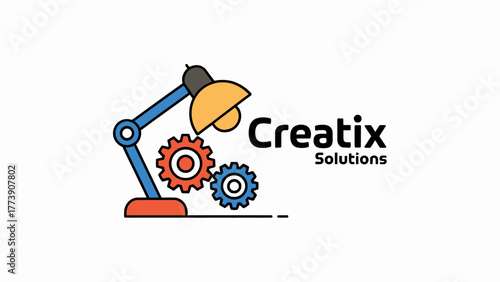 Creative solutions logo design with modern lamp and gears for innovative thinking and engineering excellence driving business growth
