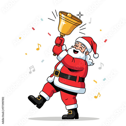 Santa claus ringing a golden bell with confetti and music notes around him on a white background
