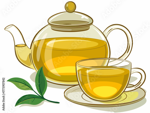 Aromatic Green Tea Illustration with Glass Teapot and Cup for Wellness and Relaxation