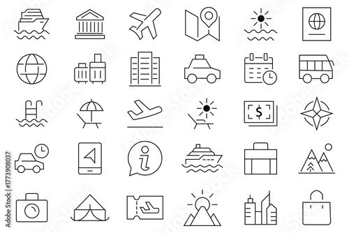 Travel icon set. Travel and vacation icons for web and mobile app. Travel, tour, tourism, vacation thin line icon collection.  Vector illustration. 