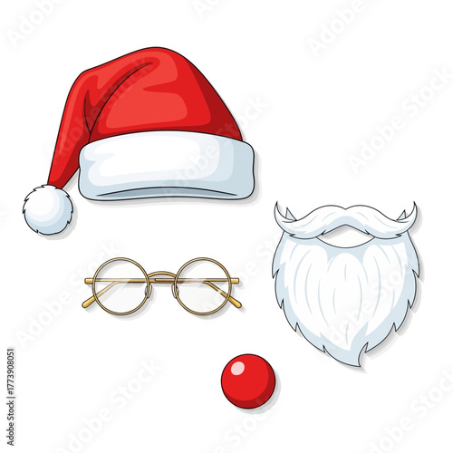 A cartoon image of santa claus accessories including a hat beard glasses and a red nose on white