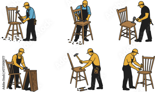 "Carpenter repairing wooden chair, woodworking craftsman at work, furniture restoration, manual labor, carpentry tools, skilled craftsmanship illustration"