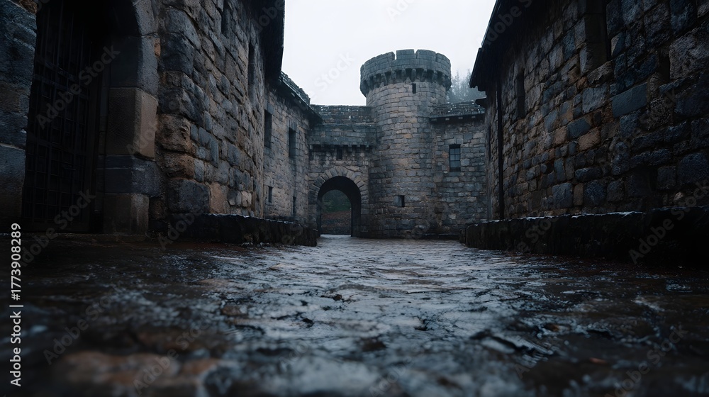 Obraz premium Atmospheric view of a wet cobblestone path leading to an ancient stone castle gateway under an overcast sky