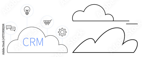 CRM in cloud with icons thumbs up chat, light bulb, shopping cart, gear, and outlined clouds. Ideal for technology, business, communication innovation e-commerce automation cloud storage. Simple