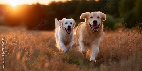 Two playful golden retrievers running through a sunset field in warm golden light