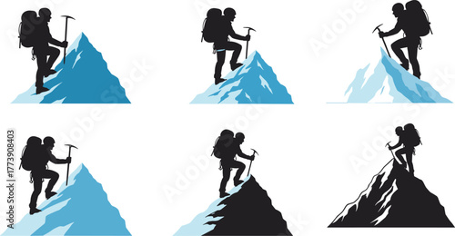 Mountain climber silhouette vector set, hiking and adventure icons, alpinist on peak, extreme sport design, outdoor exploration illustration