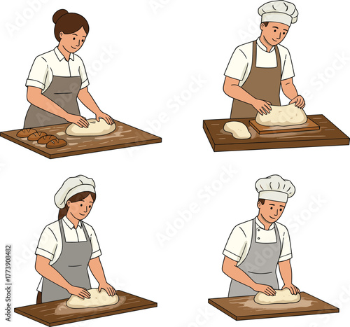 "People kneading dough on wooden table, baker at work, bakery preparation process, cooking bread, chef making homemade dough"