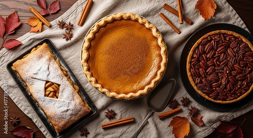 Autumnal pies, spices, and fallen leaves on linen and wood surfaces