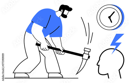 Man swinging pickaxe, breaking obstacles, clock symbolizing time, and head with bolt for creative breakthrough. Ideal for productivity, time management, problem-solving, innovation, persistence