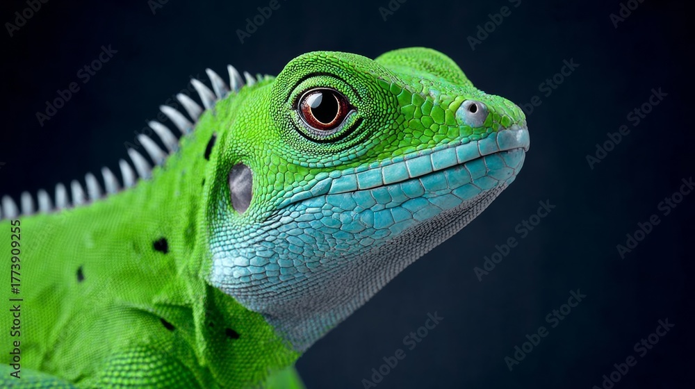 Obraz premium Vibrant green lizard with striking blue accents and textured skin, showcasing intricate details and unique features, perched against a dark background, highlighting its natural beauty and charm