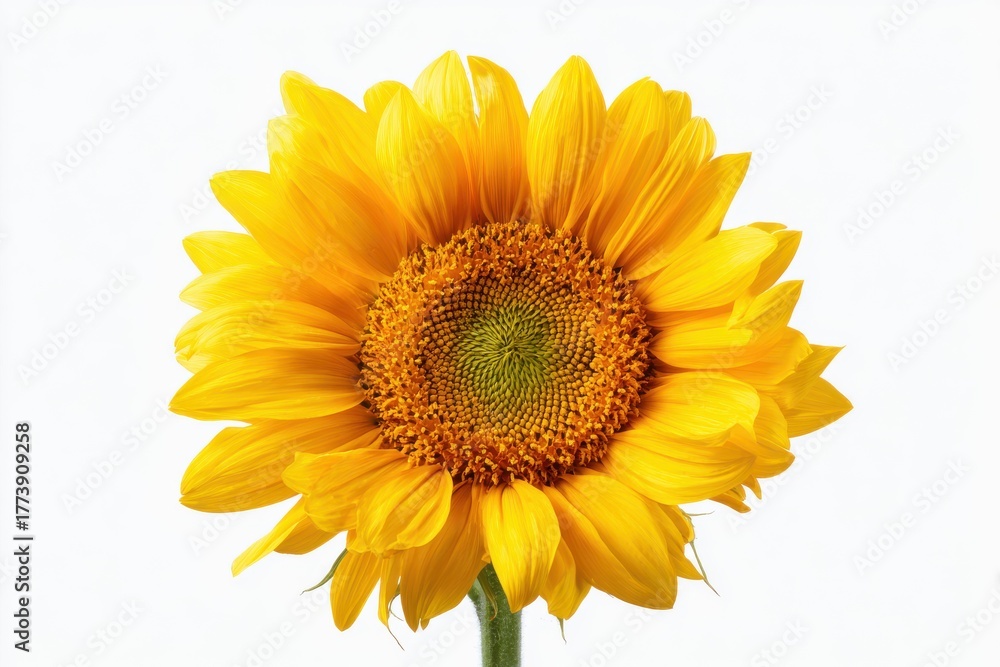 Fototapeta premium Vibrant sunflower with bright yellow petals surrounding a seed-filled center, set against a clean white background for an uplifting and cheerful floral composition