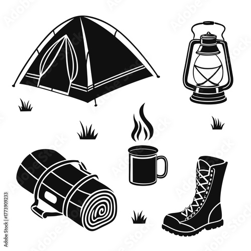 A collection of black and white vector illustrations of camping gear including a tent lantern rolled sleeping bag mug with steam and a hiking boot surrounded by grass