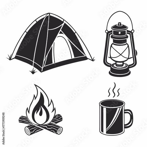 A collection of classic camping icons including a tent lantern campfire and a steaming mug perfect for outdoor adventure and travel themes