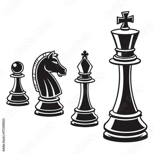 A collection of classic black and white chess pieces including a pawn knight bishop and king isolated on a plain white background for graphic design