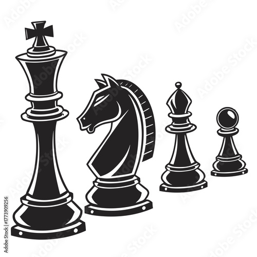 A collection of iconic black chess pieces including the king knight bishop and pawn arranged in a row against a white background symbolizing strategy and competition