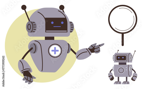 Robot with antennae and medical cross badge pointing beside magnifying glass, showcasing technology, assistance, curiosity, healthcare, research, innovation, and exploration in a simple flat metaphor