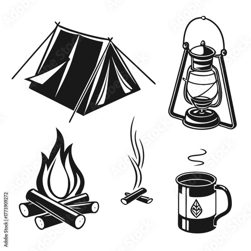 A collection of stylized black and white camping icons including a tent a lantern a campfire a small fire and a mug with steam