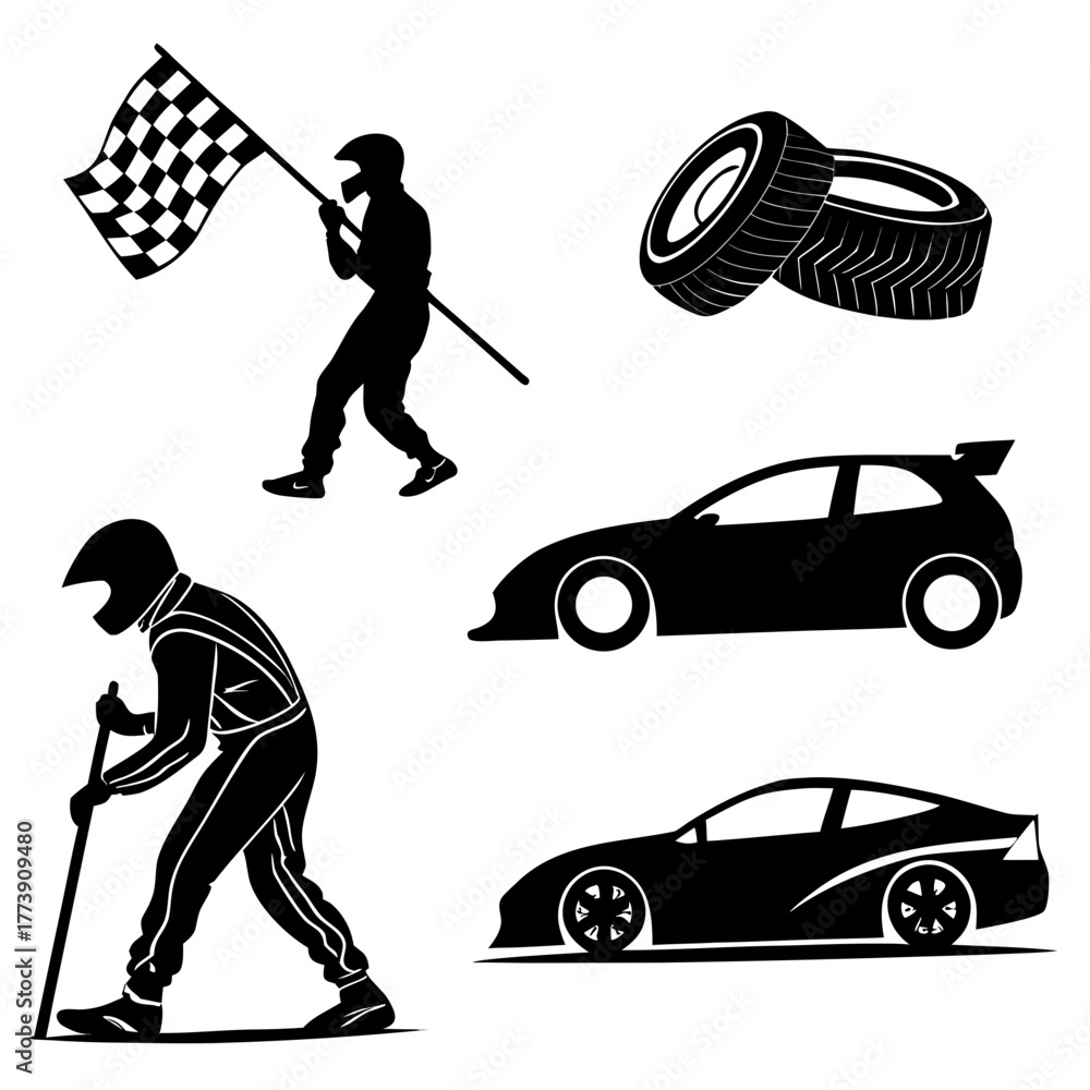 Obraz premium Collection of black racing silhouettes including a checkered flag waving two race car tires a driver with a checkered flag a driver with a stick and two sports cars