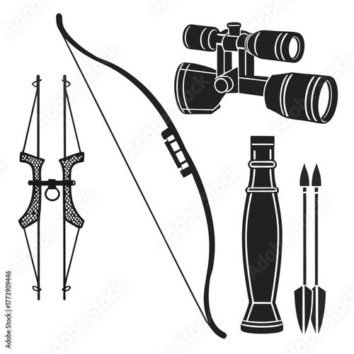 Collection of black silhouette hunting and archery equipment including a bow quiver arrows binoculars and a scope for a rifle or bow for outdoor sport and recreation