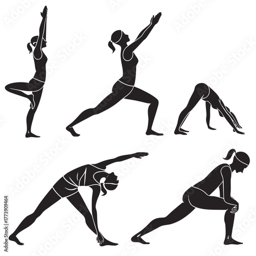 Collection of black silhouettes of women performing various yoga poses demonstrating flexibility strength and balance in a clean white background for fitness and wellness concepts