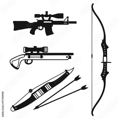 Collection of black silhouette hunting weapons including two rifles with scopes a recurve bow and arrows and a longbow with arrows on a white background