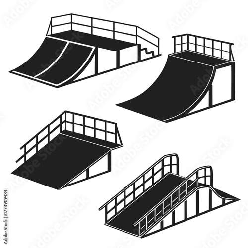Collection of black silhouette skate park ramps and obstacles for extreme sports and skateboarding isolated on a white background vector illustration