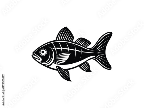 Black and white illustration of a fish with detailed fins and open mouth on white background