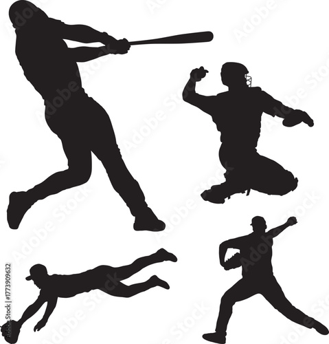 Baseball action silhouette set — swinging, pitching, catching poses