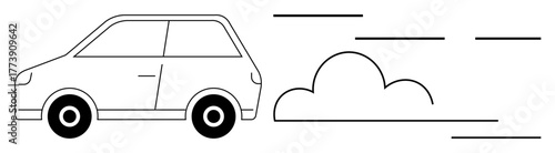 Small car moving swiftly with speed lines and cloud trails to represent motion. Ideal for transportation, travel, automotive, speed, efficiency, eco-friendliness, mobility. Simple flat metaphor