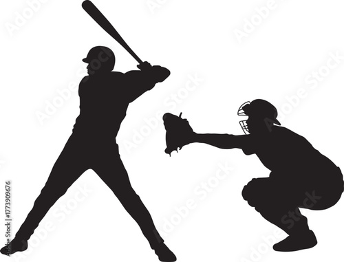Baseball players silhouette — batter and catcher vector illustration