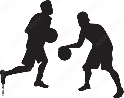 Basketball players silhouette — dribbling and defending vector illustration
