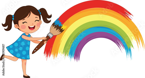 Happy child painting rainbow, cartoon girl with brush, colorful arc illustration, playful creativity concept, vector art for kids and education
