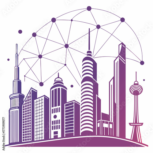 Modern cityscape silhouette featuring a network of interconnected nodes and lines above a vibrant gradient of purple and pink skyscrapers representing global connectivity and smart city concepts