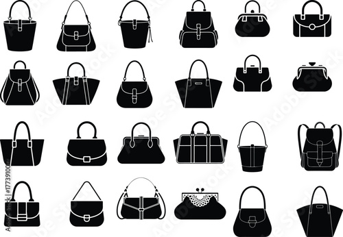 Diverse Handbag Icon Set – Stylish Fashion Silhouette Collection Elegant Women’s Handbag Vector Set – Modern Accessory Icons