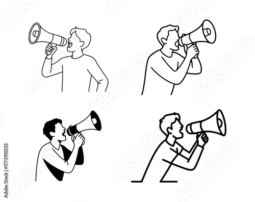 Set of four diverse line art illustrations depicting individuals using megaphones to announce, proclaim, or rally, symbolizing communication and public speaking
